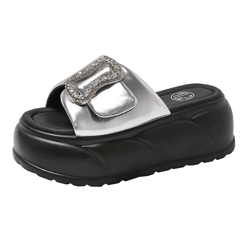 Fashion Women New Summer Crystal Platform Sandals Beige Thick Bottom Slippers Woman 7CM High Heels Fashion Open Toe Outdoor Beach Slides