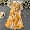 Women French Fashion Single Breasted V Neck Long Dress With Belt Summer Autumn Elegant Print A-line Robe Female Holiday Clothes