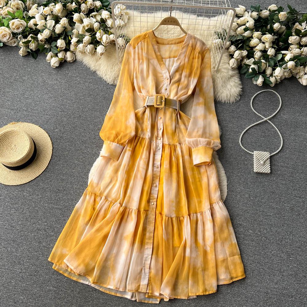 Women French Fashion Single Breasted V Neck Long Dress With Belt Summer Autumn Elegant Print A-line Robe Female Holiday Clothes