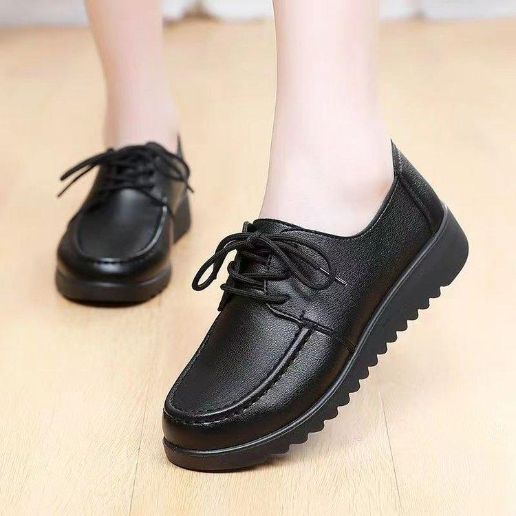 Work Shoes Black KFC Flat Bottom Restaurant Soft Sole Non-slip Women's Leather Shoes Comfortable Mother Kitchen Shoes