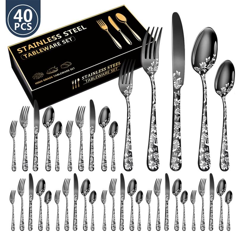 40Pcs Laser Christmas Pattern Flatware Set Stainless Steel Dinnerware Cutlery Set Black Knife Fork Kitchen Tableware Set New