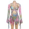 European and American Ins Style Elegant Sweet Sexy Low Cut Navel High Waist Lace-up Tassel Pleat Irregular Short Dress Set