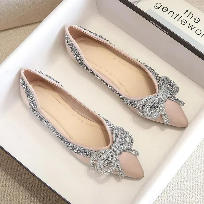 Fashion Ballet Flats Shoes for Women Fashion Rhinestones Bow Flat Footware Female Plus Size Moccasin Boat Shoes Chaussure Femme 2024