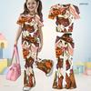Girls Halloween Lamb Print Round Neck Short Sleeve Top And Flared Pants Two Piece Set