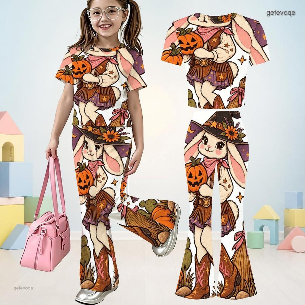 Girls Halloween Lamb Print Round Neck Short Sleeve Top And Flared Pants Two Piece Set