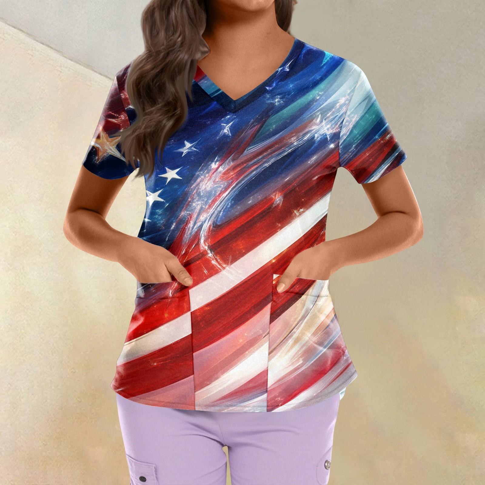 

Большие размеры, печатные рабочие униформы, топы для женщин, крестообразный V-образный вырез, День независимости, принт, короткий рукав, забавные футболки, рабочая одежда, футболка с карманами M винный