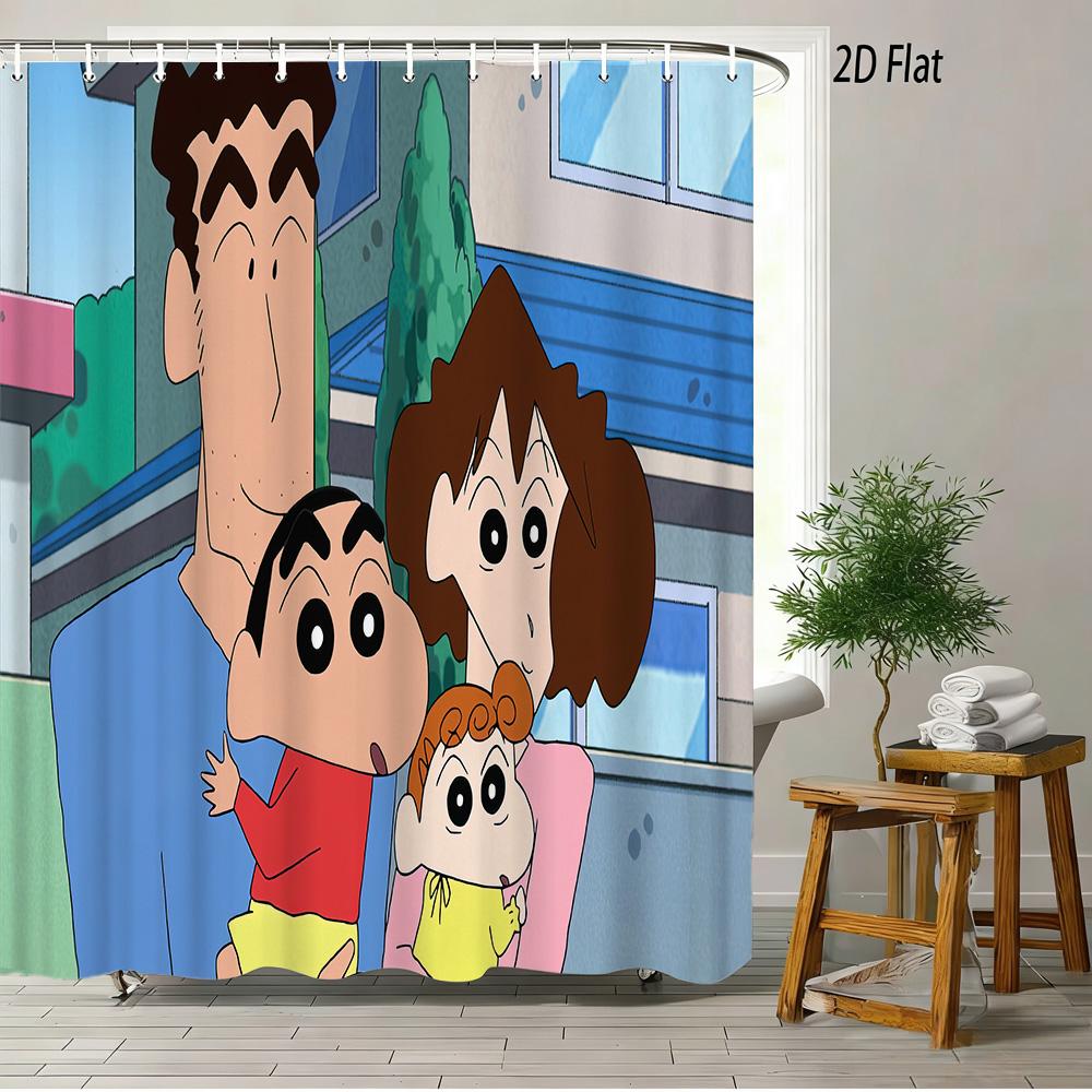 

Crayon Shin-Chan Ufo & Shiro 2D Print Waterproof Shower Curtain, Green Anime Bathroom Decor With Hooks W60H190(CM)-1 Pcs