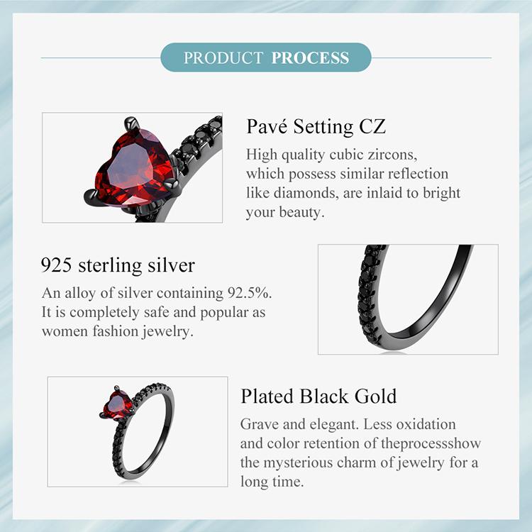 BAMOER 925 Sterling Silver Punk Black Gold Red Heart Crystal CZ Rings For Women Halloween Girl Special Jewelry Gifts