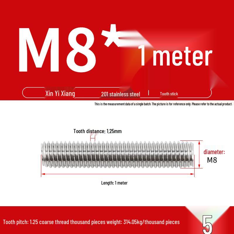 304 Stainless Steel Full Threaded Rod Bar - 1 Meter, Available in Sizes: M3, M6, M8, M10, M12.
