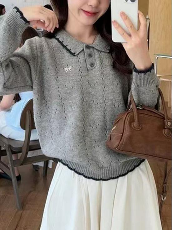 Susan Korean Style Lapel Long Sleeve Loose Knit Sweater for Women - Autumn Versatile Pullover Top