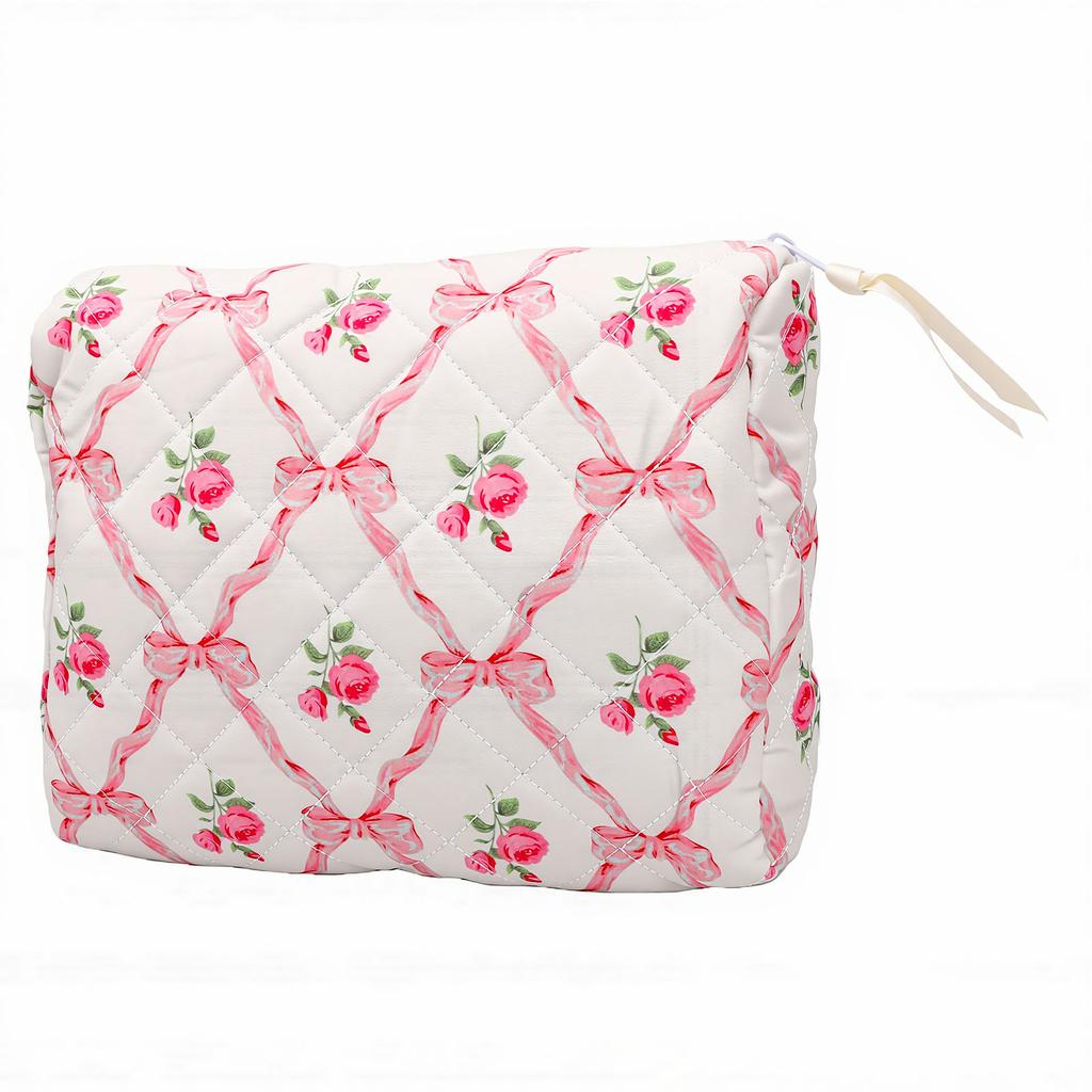 Cosmetic Bag Floral Bow Print Pattern Machine Washable 3.2L Quilted Cotton Makeup Bag for Travel Toiletries