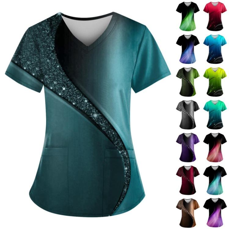 

Plus Size Women s V-Neck Short Sleeve Work Scrub Top With Pockets Fun Printed Tee For Working Uniform T-Shirt S небо синє кольору