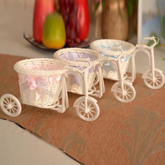 Tricycle Flower Basket Imitation Rattan Woven Decorative Candy Serving Basket Tricycle Planter Flower Holder for Floral Arrangement Party