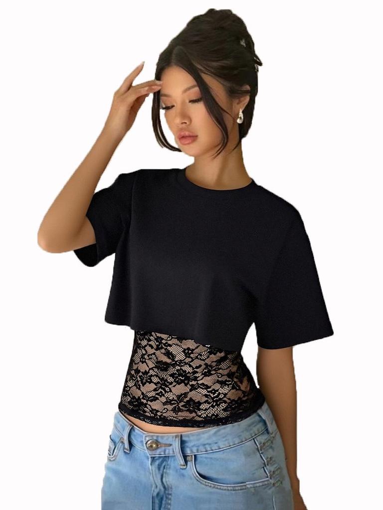 Autumn 2025 European & American Loose Cropped Elastic Round Neck Women's Two-Piece Top
