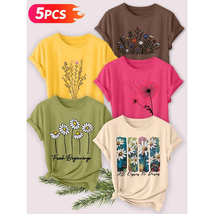 Five-piece set Elegant short-sleeved shirt for women Artistic floral print round-neck women's short-sleeve shirt suitable for spring and summer