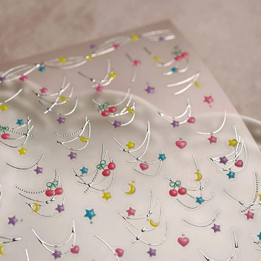 Colorful Five-pointed Star Gird Polka Dot Line Bowknot Cherry 5D Shiny Nail Art Stickers Self Adhesive Decoration Manicure Decal
