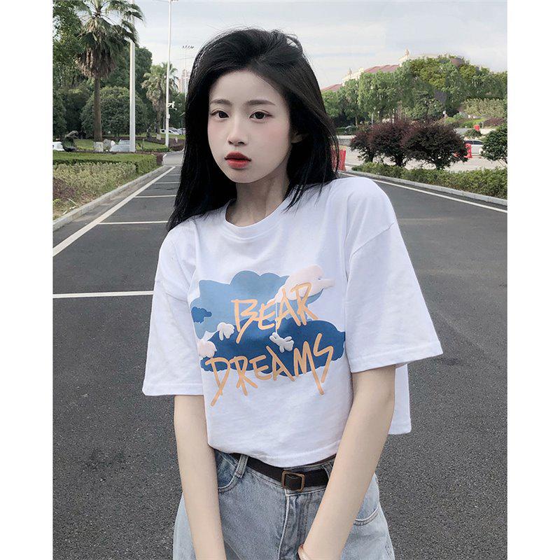 

Women s 2024 Summer Korean Style White Loose T-Shirt with Printed Bubble Design, High Waist, Short Sleeve L белый