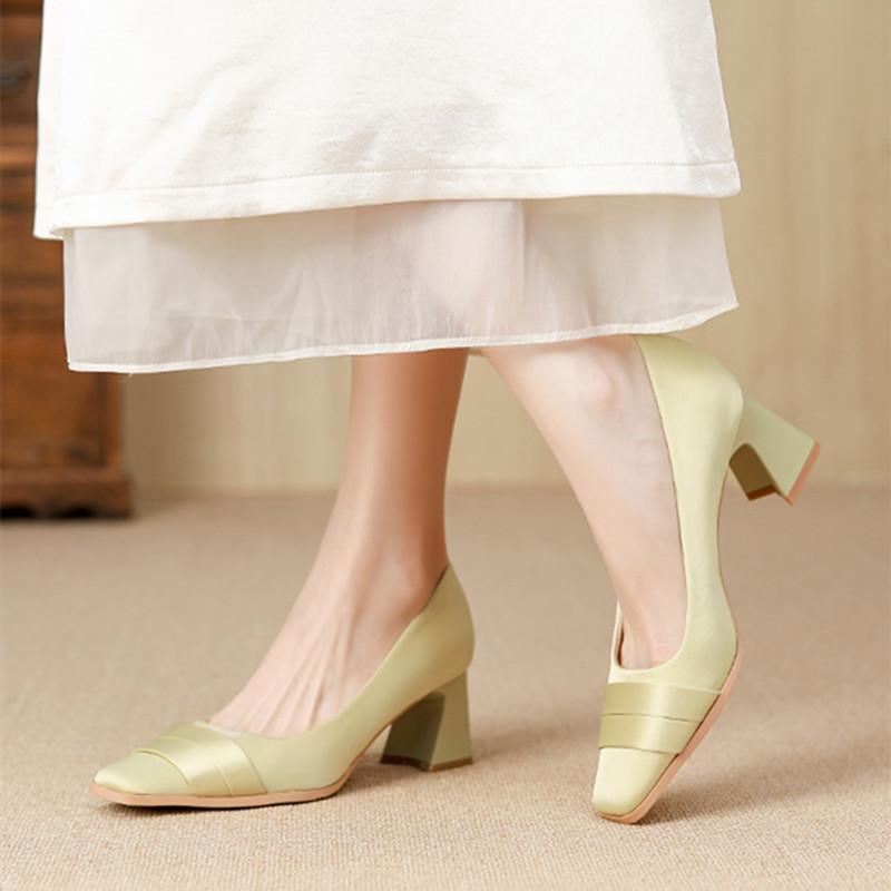 Fashion Luxury Satin Chunky Heels Women Loafers Autumn Elegant Square Head Mid Heeled Women Pumps Fashion Banquet Office Shoes for Women