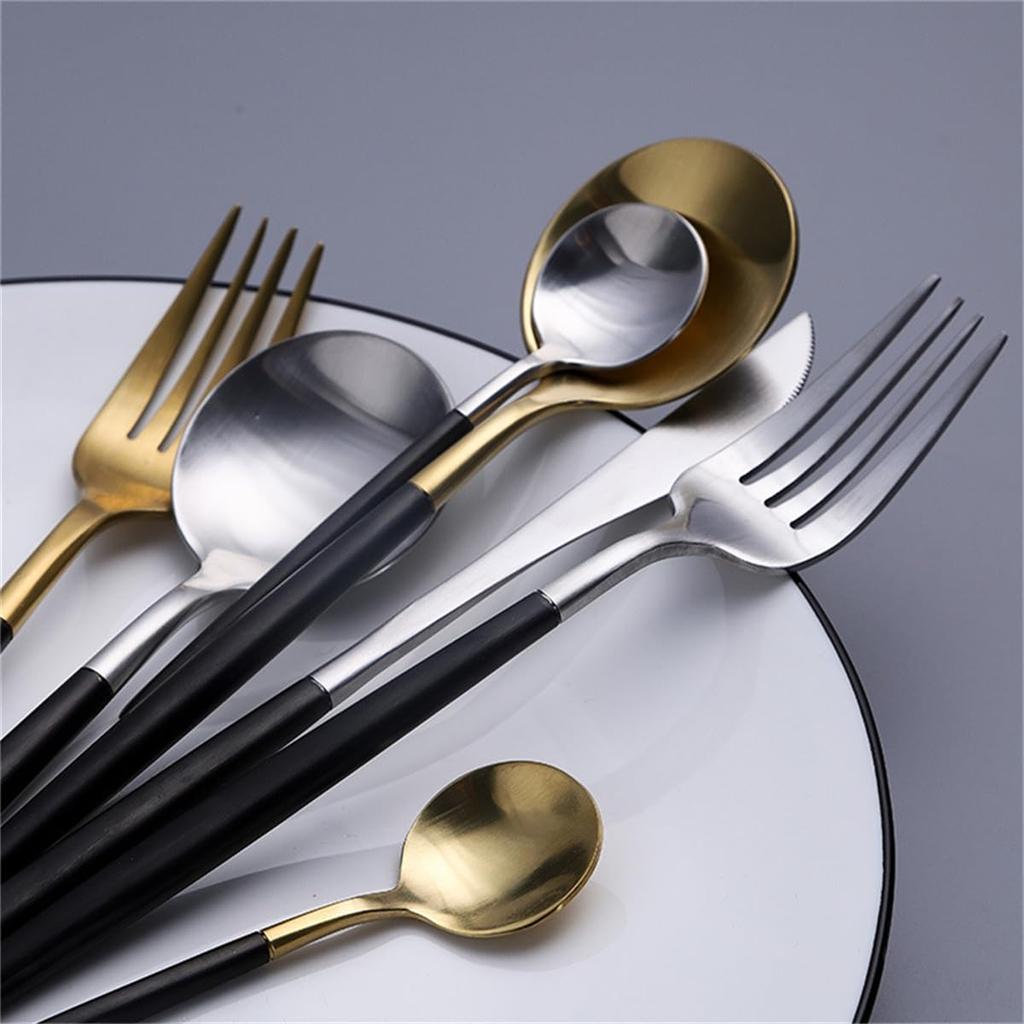 Andoo Příbory Sada příborů Zlatá Stylová Nerezová Sada jídelních příborů Nůž Lžíce Vidlička Sada Steakový nůž Stolní nůž Dezertní lžíce Hůlky