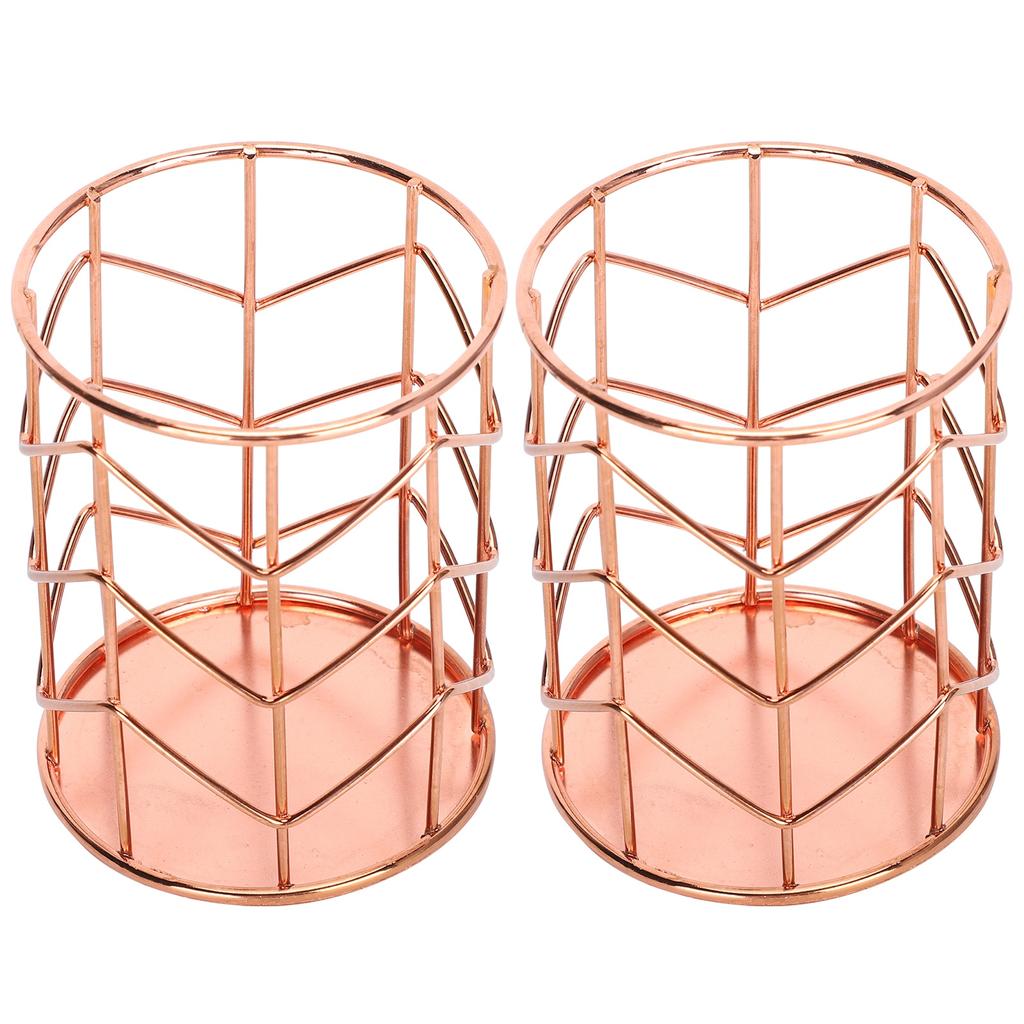 2Pcs Pen Holder Round Rose Gold Desktop Storage Basket Metal Mesh Makeup Organizer Box