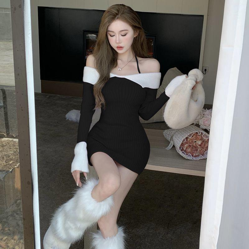 

Элегантное трикотажное платье халтер с открытыми плечами - Женский осенне-зимний французский крой One Size чёрный