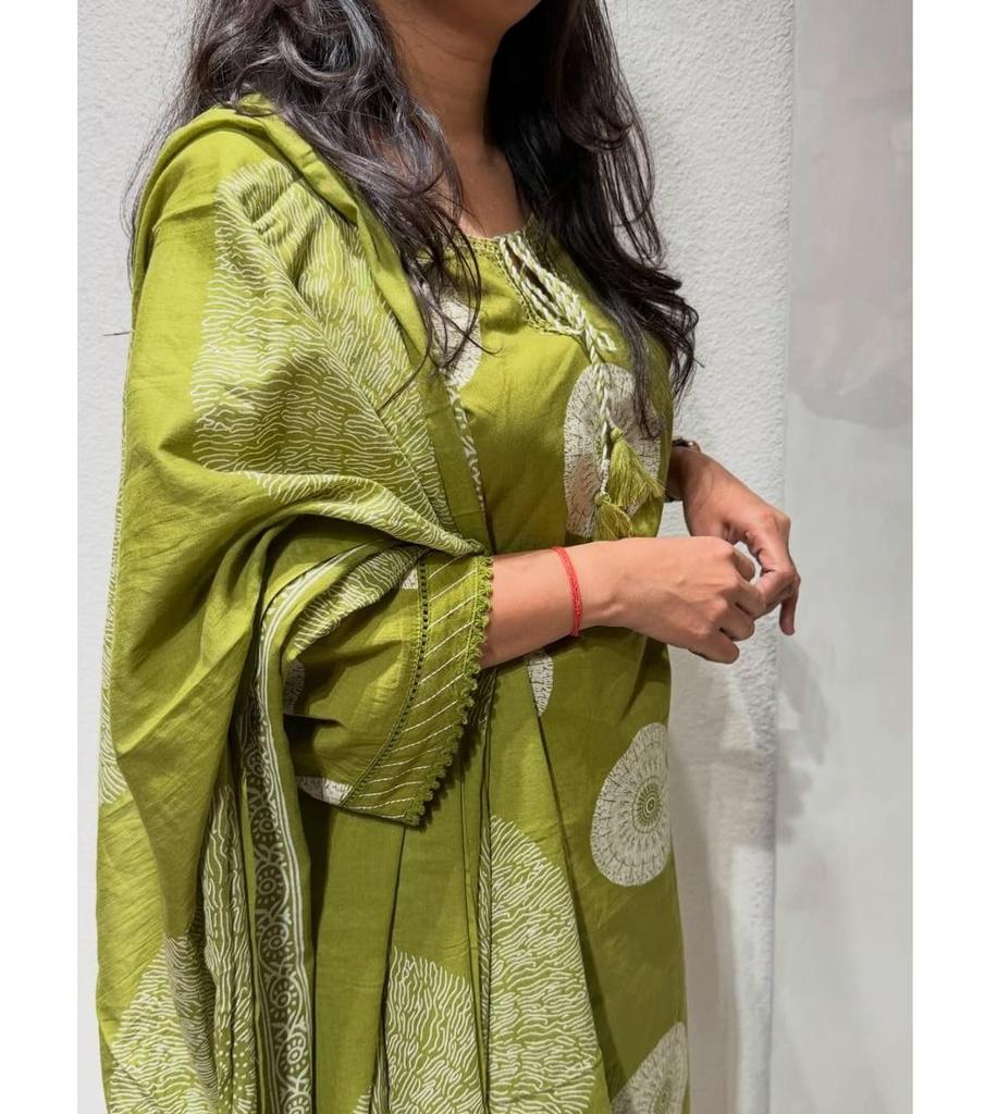 Women Ethnic Fine Cotton Kurta Pant Dupatta Set Indian Bollywood Top Tunic Salwar Suit