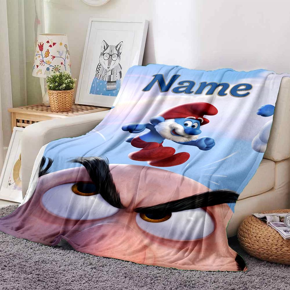 Custom Name Smurfs Theme Printed Blanket Perfect For Couch Bed Travel Outdoor Use Machine Washable Cozy Durable