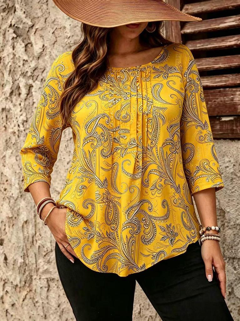 Bawełniany T-shirt z Długim Rękawem i Guzikami w Wzór Paisley dla Kobiet w Rozmiarach Plus
