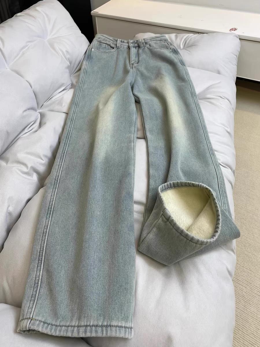 

Women s Light Blue Straight-Leg Jeans, Plus Velvet, High Waist, Slimming, Wide-Leg, Long Pants for Autumn/Winter 2025 - American Style. XLarge