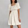 Spring and Summer French Elegant Floral Bubble Sleeve Dress Women's Fashion High Waist Square Neck A-shaped Dress Women's Clothing