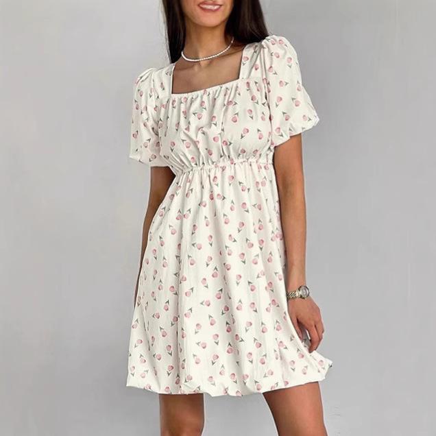 Spring and Summer French Elegant Floral Bubble Sleeve Dress Women's Fashion High Waist Square Neck A-shaped Dress Women's Clothing