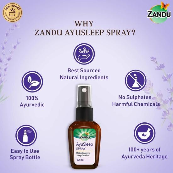 Zandu AyuSleep Spray | 100% Natural & Safe | Remedy for Sleep Disturbances, Stress & Relaxation