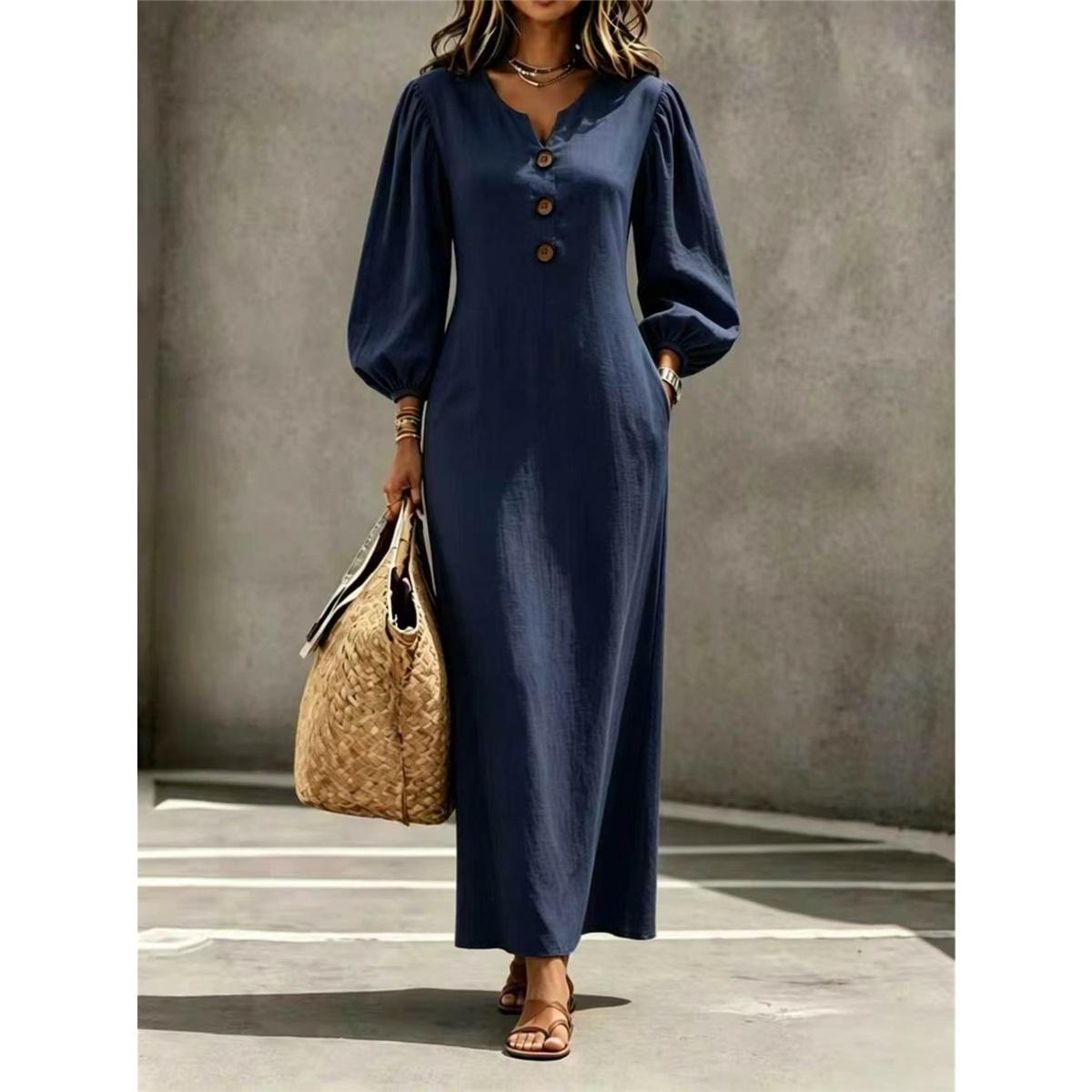 Dames V-hals Knopen Maxi Jurk Pofmouwen Lange Mouwen Effen Kleur Losse Casual Lange Jurk Met Zakken S marineblauwe kleur