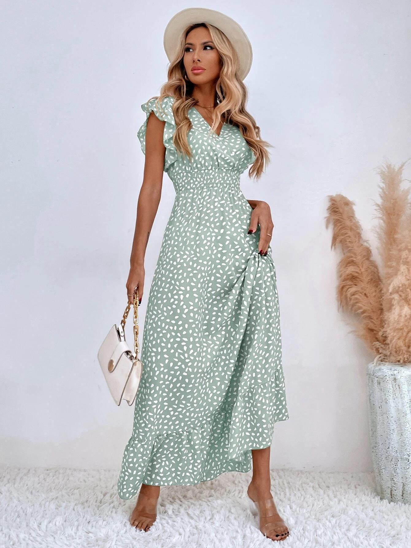 

2026 European and American Women s V-Neck Waist-Hugging Ruffle Spring/Summer Long Dress XL світло-зелений колір