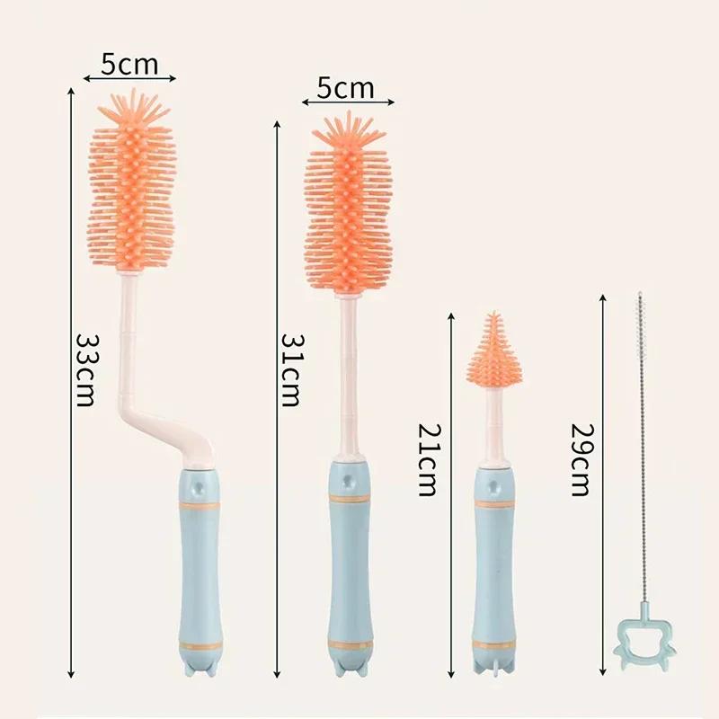 Brosse à Biberon en Silicone pour Bébé Manche Long Brosse de Nettoyage Combinaison avec Support de Séchage Kit de Brosse à Biberon Rotative à 360 Degrés