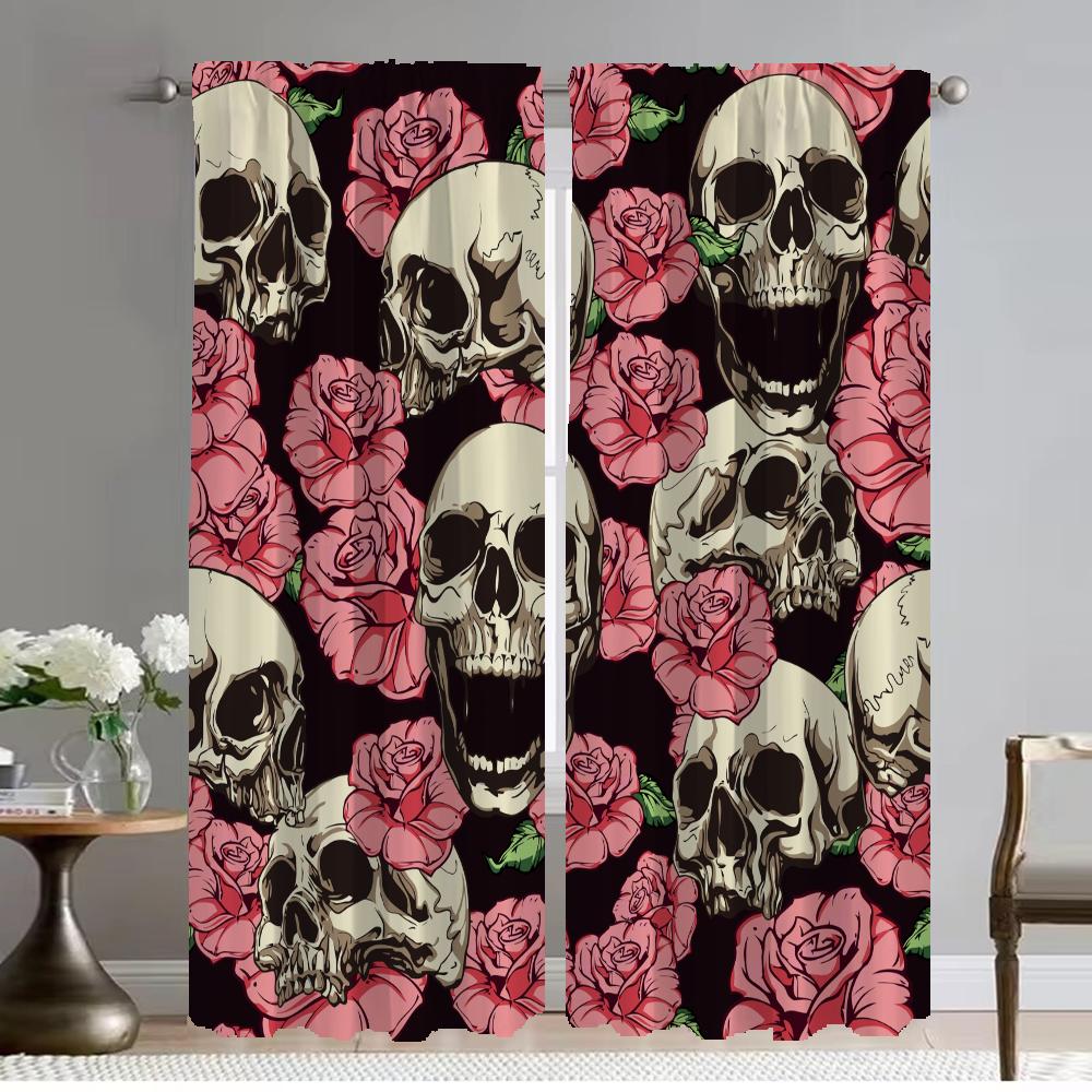 Window Curtain for Room 2 Panel Flower Skull Curtains for Bedroom Halloween Decoration Partition Home Interior Curtains Living