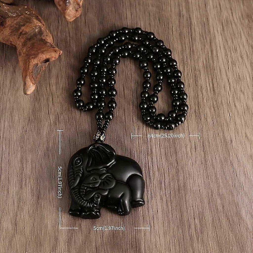 Collana a catena con perline ciondolo animale elefante portafortuna in ossidiana, moda uomo e donna, ornamento amuleto fortunato, regalo, Nero