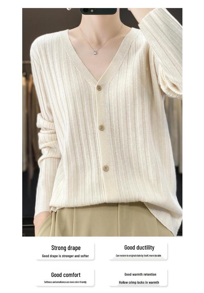2025 Autumn/Winter Women's 100% Wool V-Neck Ribbed Cardigan Sweater, Versatile Loose Cashmere Coat