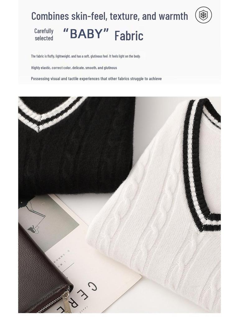 Men's College-Style 100% Wool Knitted Vest, Autumn/Winter Cable Knit, Contrasting Colors, Thickened Sleeveless Design