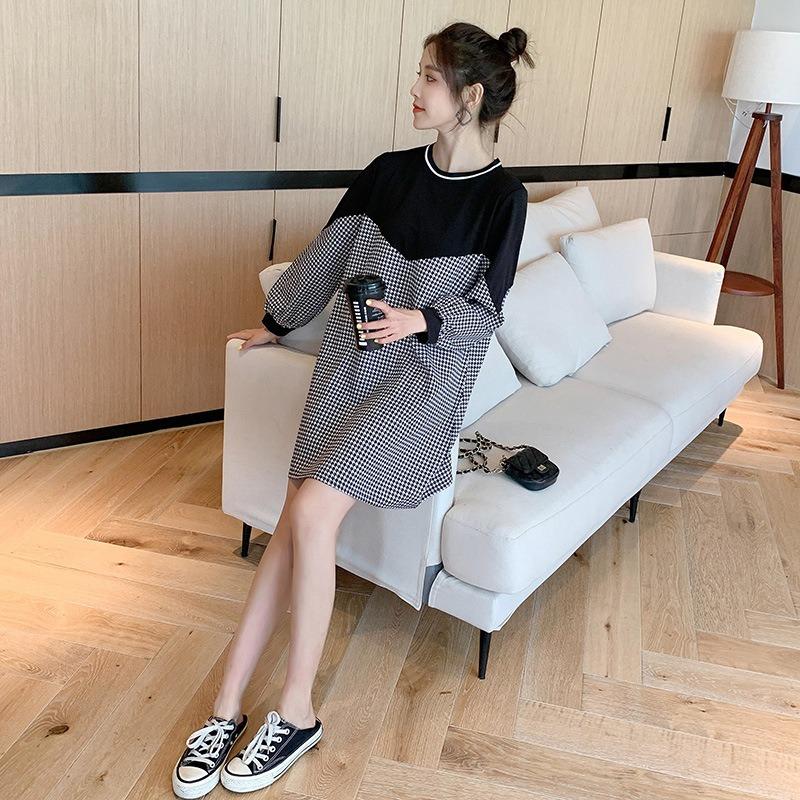 New maternity new autumn and winter clothing thousand bird grid loose top pregnant women spring and autumn medium and long dress