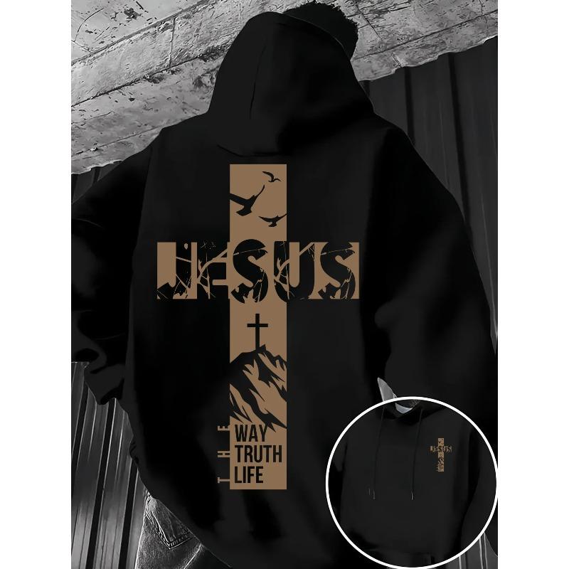 Men Autumn Winter Fleece Hoodie Jesus Cross The Way Truth Life Back Print Hooded Sweatshirt Streetwear Long Sleeve Daily Life