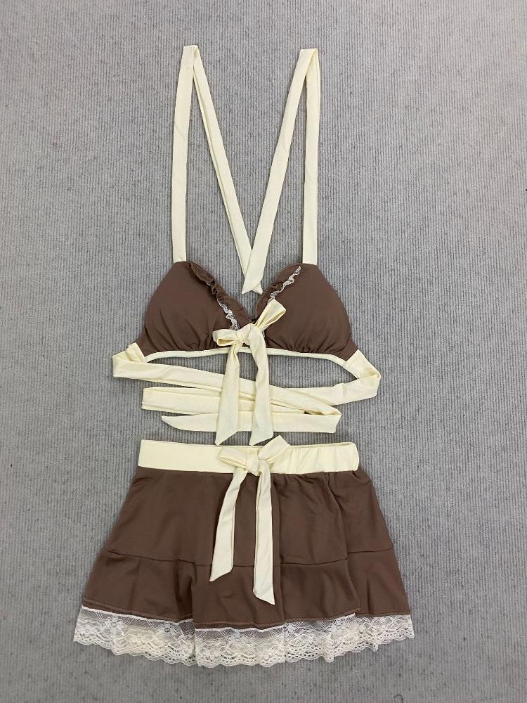 

Cute Bowknot Sexy Halter Fashion Solid Color Holiday Style Beach Volleyball New Bikini Set Summer 2026 Swimwears Outfits Y2k Ins L світло-коричневого кольору
