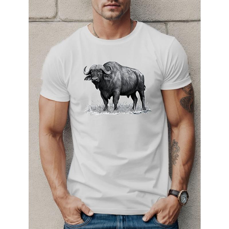 European Size Men'S Casual Summer T-Shirt with Geometric Buffalo Print, Round Neck, Knitted Polyester Fabric, Regular Fit - Breathable & Stretchy Top