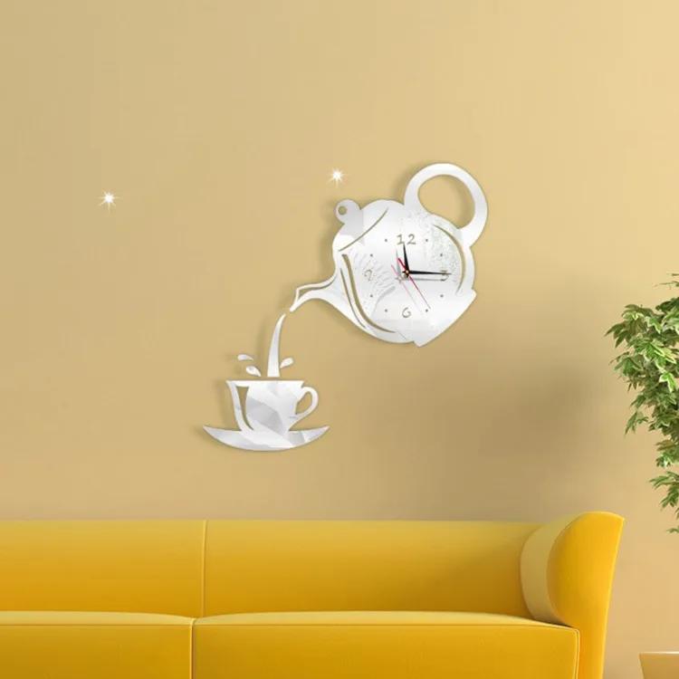 Zegar ścienny DIY 3D Akrylowy Cichy Lustrzany Zegar do Zawieszenia na Ścianie Styl Czajnika do Kawy Naklejka Lustrzana Zegar Salon Dekoracja Ściany Domu