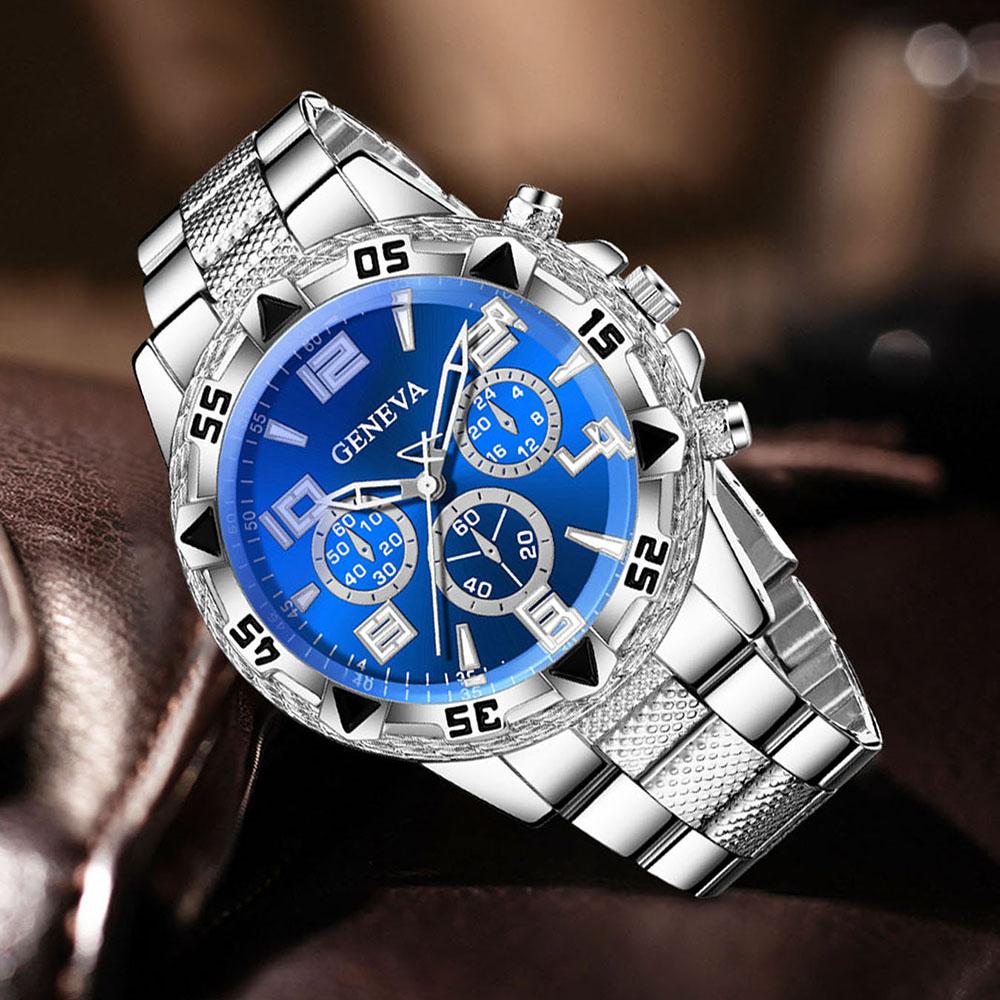 2PC Men's Watch Set Business Trend Digital Scale Blue Circular Dial Quartz Watch Bracelet Set Perfect Gift for Friends or Dad