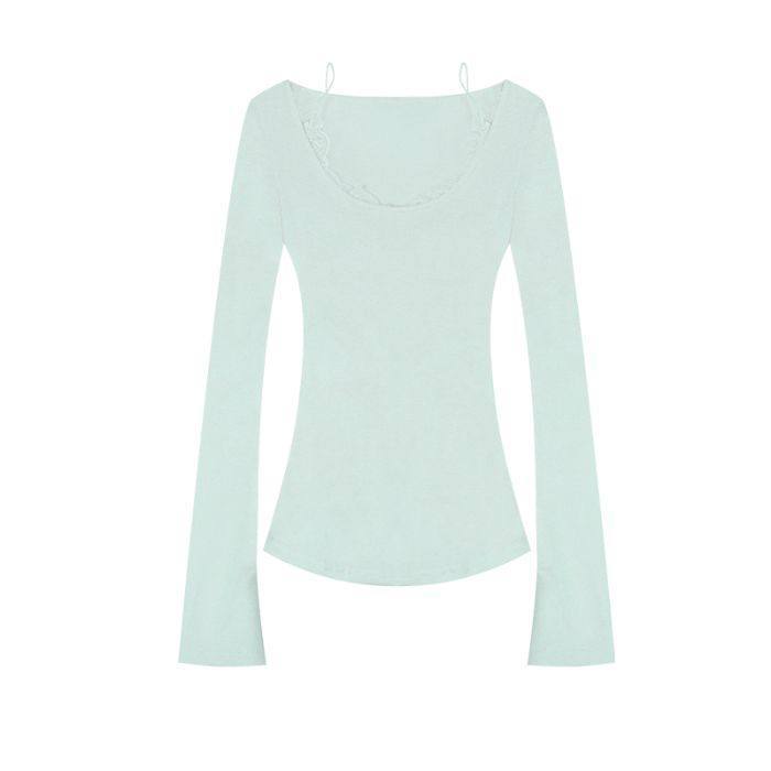 Design sense chic fake two-piece lace long-sleeved T-shirt women s spring pure desire wind sweet chic slim top S зелёный