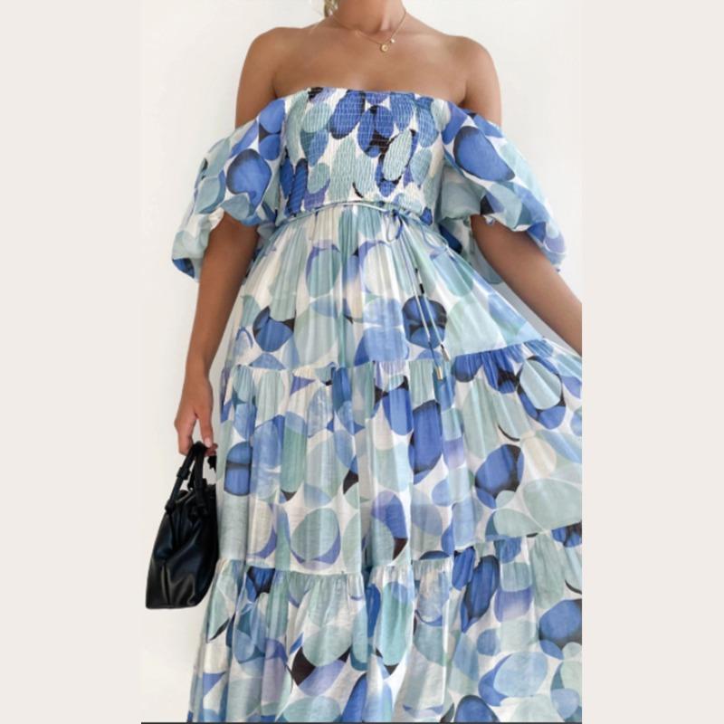 2 new women's bohemian print one-word shoulder holiday style sexy loose dress