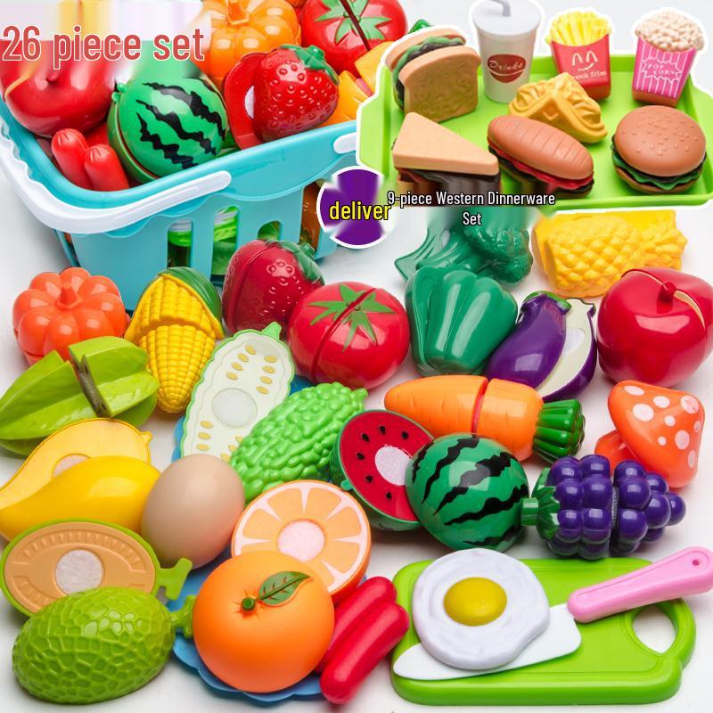 Kids' Pretend Play Kitchen & Shopping Cart Set with Cuttable Fruit and Veggies
