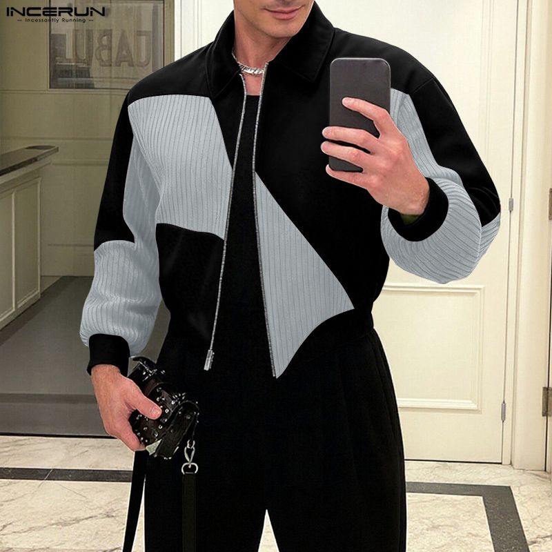 INCERUN Spring Men Long Sleeve Zip-up Stitching Casual Corduroy Coats Jackets