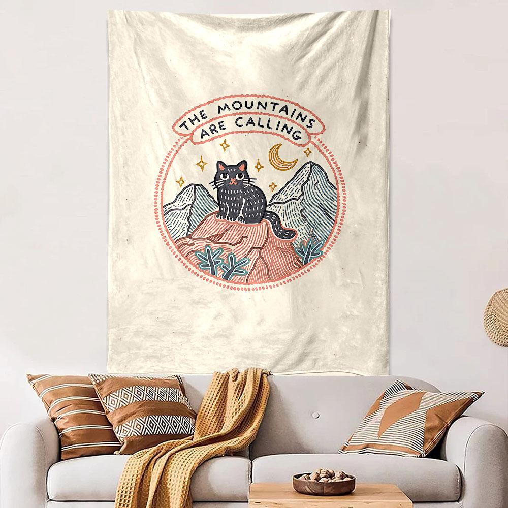 Mountains Are Calling Tapestry Wall Hanging, Cat Mountain Badge, Wall Decor for Bedroom Living Room Dorm